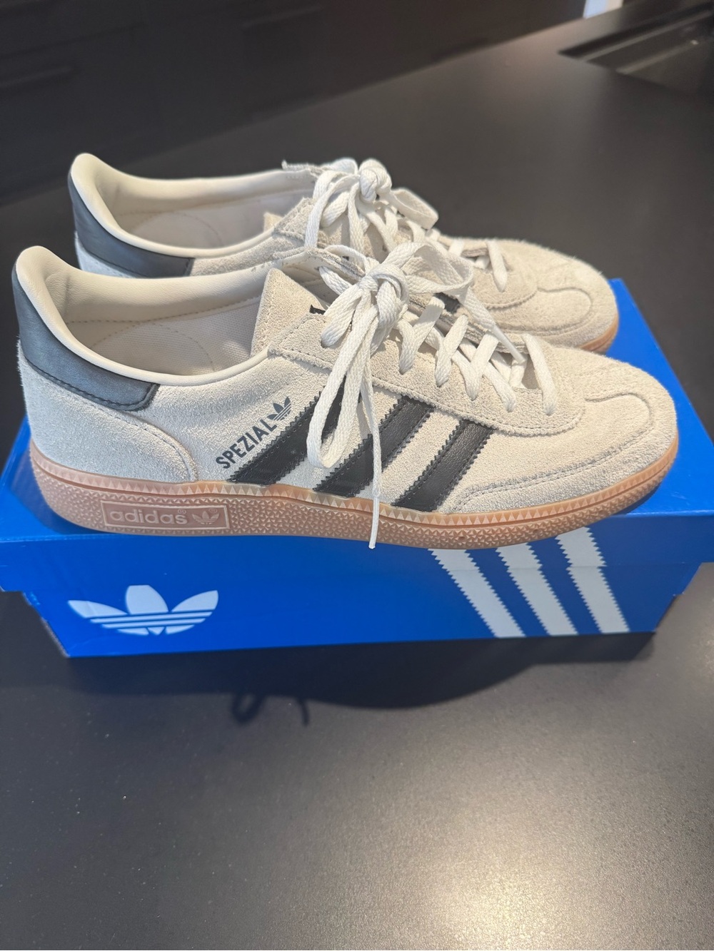 adidas Spezial Suede Sneakers with Dark Navy almost Black 3 Stripes. Gum Sole.